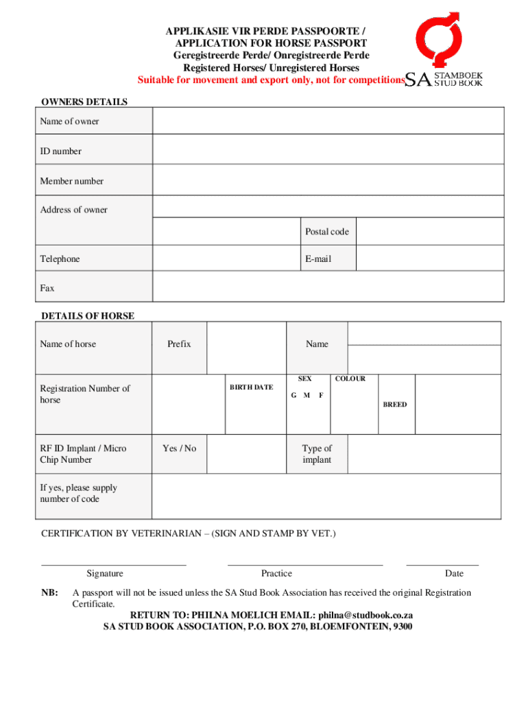 Www Uslegalforms Comform Library516457Get APPLICATION for HORSE PASSPORT SA Stud Book