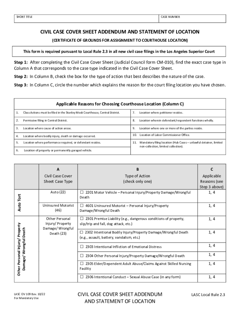 Www Lacourt Org Forms PdfCIVIL CASE COVER SHEET ADDENDUM and STATEMENT of LOCATION