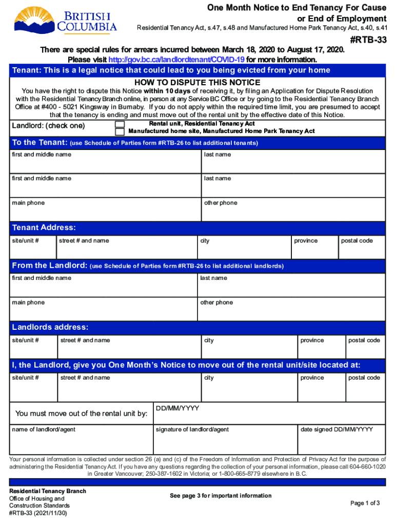  Bc One Month Notice End Tenancy 2021-2024