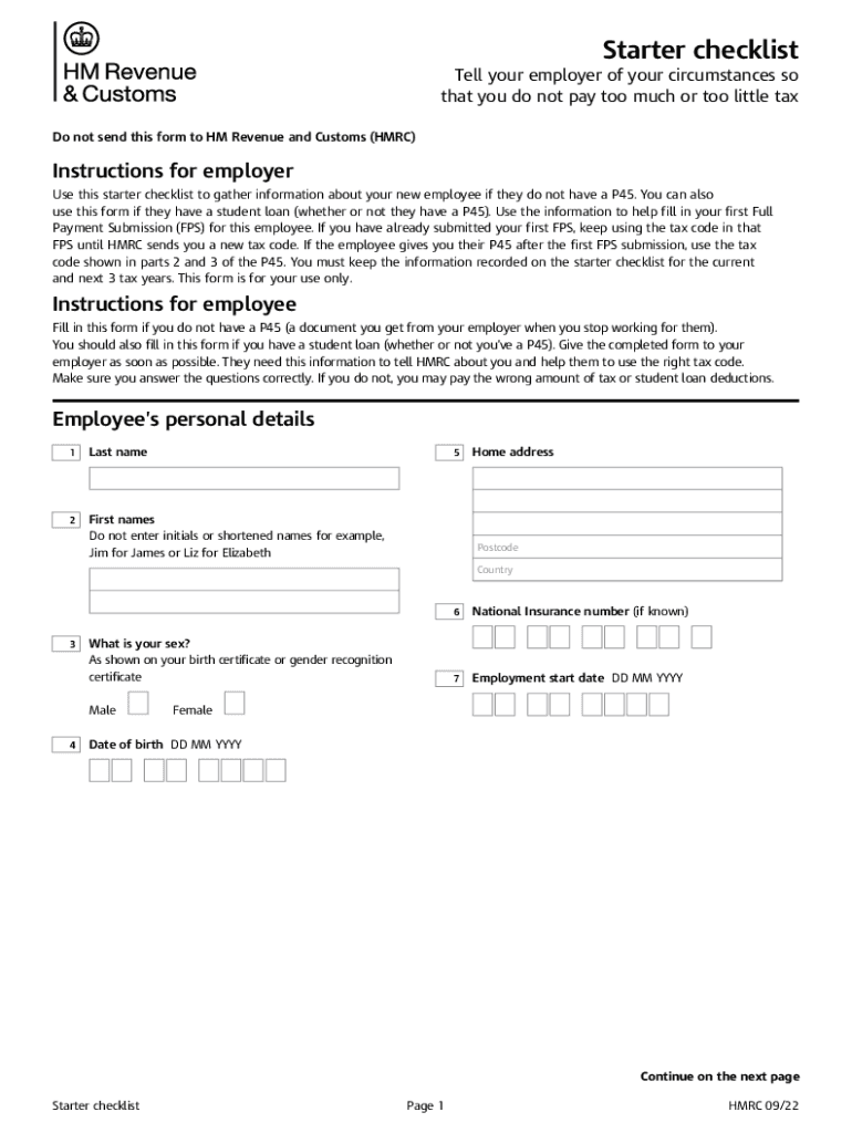  Starter Checklist New Employee Information for Employers 2022-2024