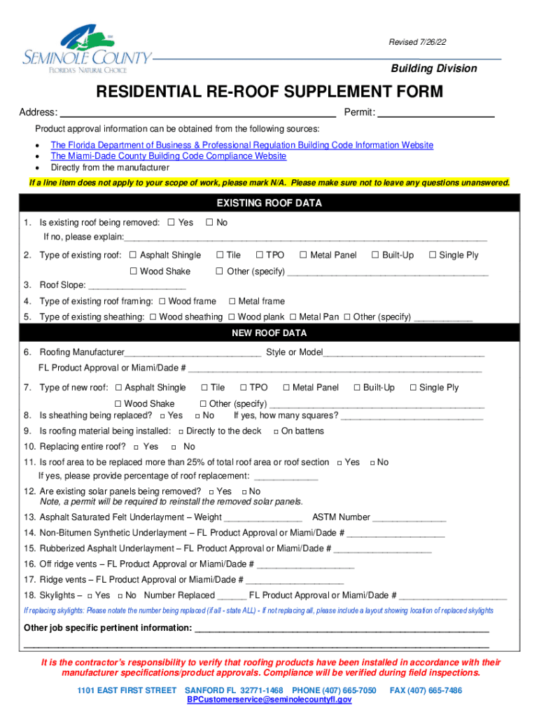 Www Seminolecountyfl GovcorefileparseRESIDENTIAL RE ROOF SUPPLEMENT FORM Seminole County, Florida