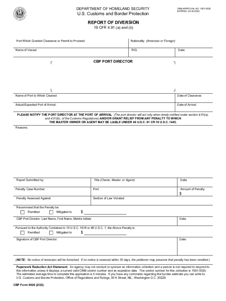  CBP Form 0026 REPORT of DIVERSION 2022-2024