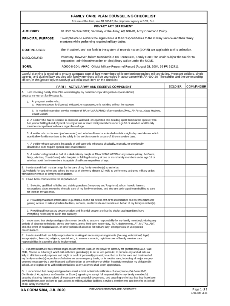  FAMILY CARE PLAN COUNSELING CHECKLIST DA FORM 5304, JUL 2020-2024