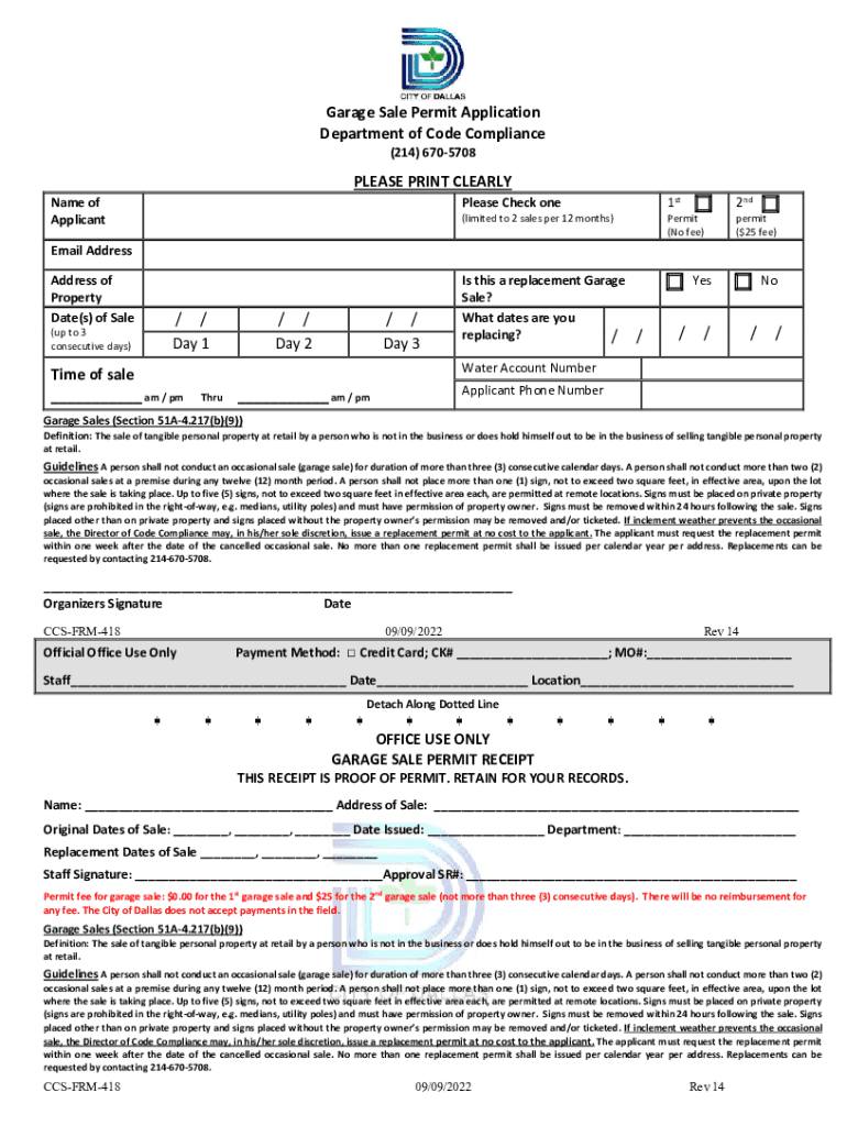 Dallascityhall Com Departments CodecomplianceGarage Sale Permit Application Department of Code Dallas  Form