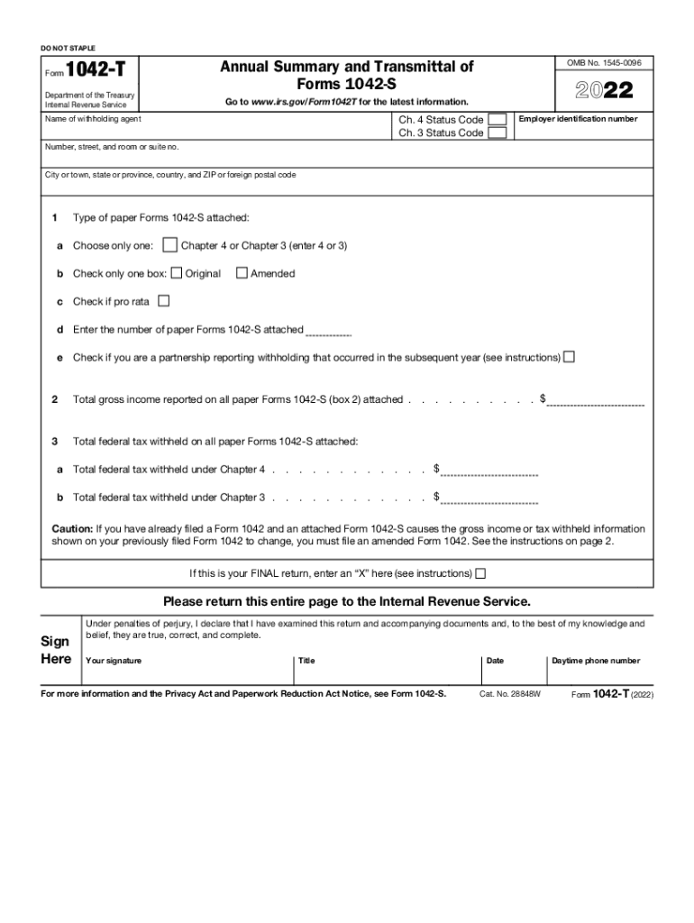  Fill Ioannual Summary and Transmittal of FormsFillable Annual Summary and Transmittal of Forms 1042 S 2022-2024