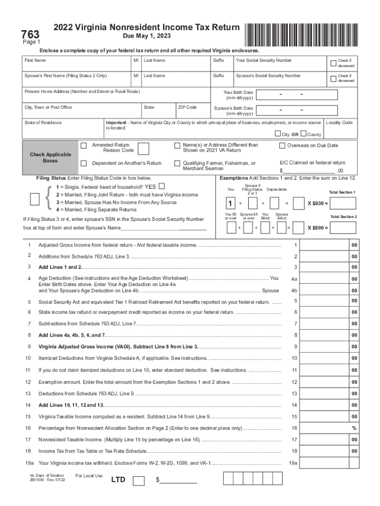  Draft Form 763, Virginia Nonresident Income Tax Return Virginia Nonresident Income Tax Return 2022-2024
