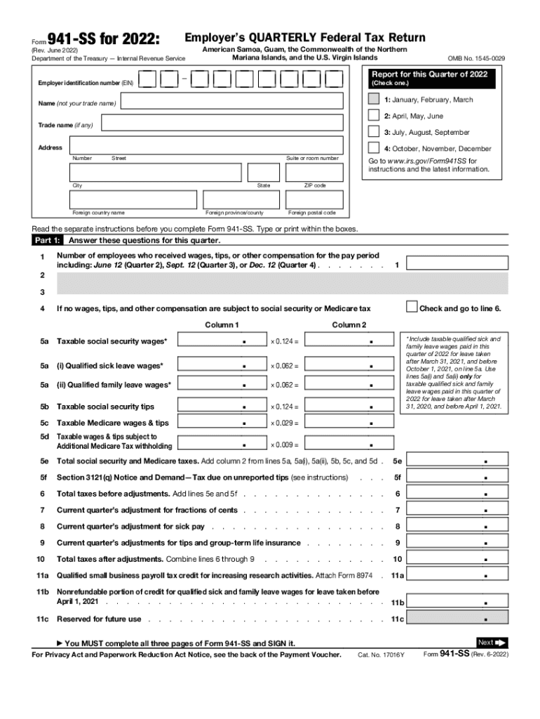  Form 941 SS Rev June Employer&#039;s Quarterly Federal Tax Return American Samoa, Guam, the Commonwealth of the Northern Mariana 2022