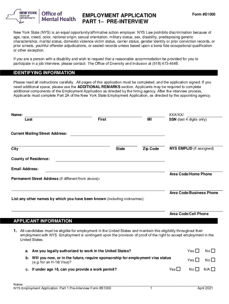 Employment Application Part 1pre Interview  Form