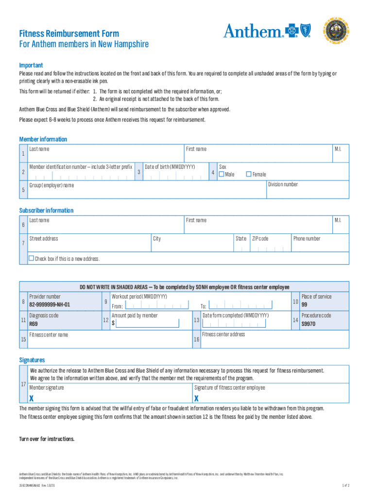  Www Templateroller Comtemplate2276897New Hampshire Fitness Reimbursement Form for Anthem Members 2020-2024