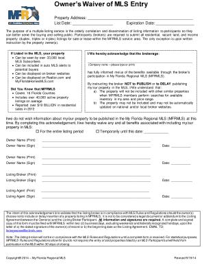 Owner39s Waiver of MLS Entry My Florida Regional MLS  Form