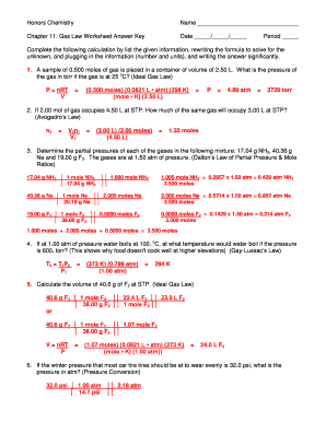 Honors Chemistry Gas Laws Worksheet Answers  Form
