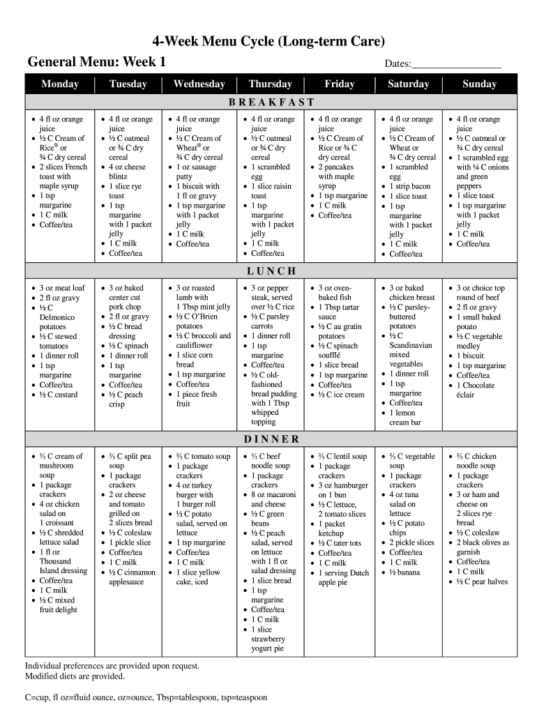 4 Week Cycle Menu  Form