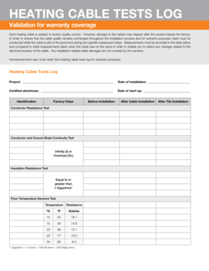 HEATING CABLE TESTS LOG Schluter Systems  Form