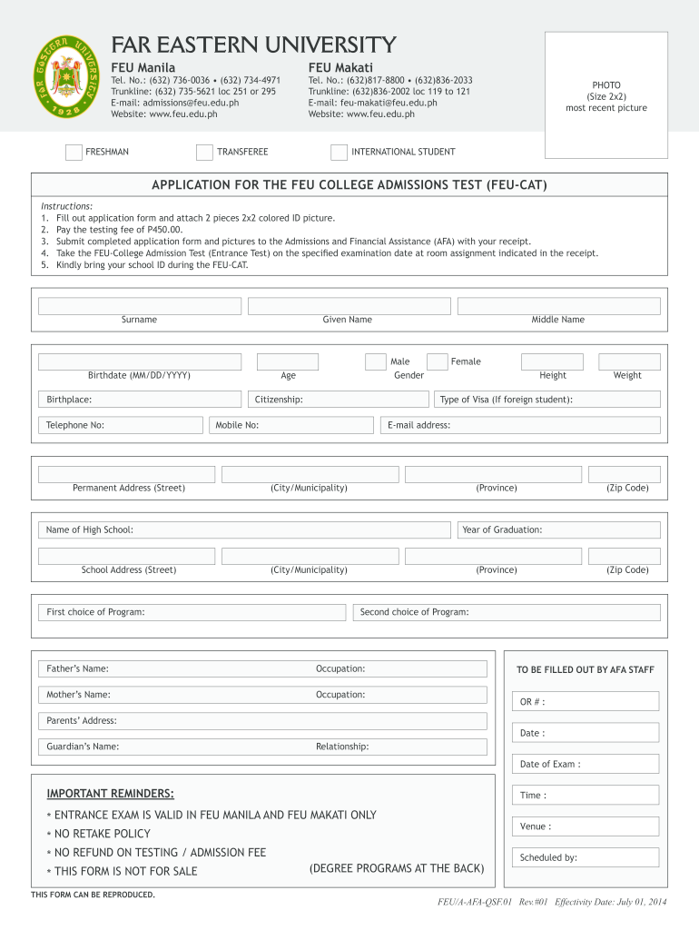  Feu Application Form PDF 2014-2024