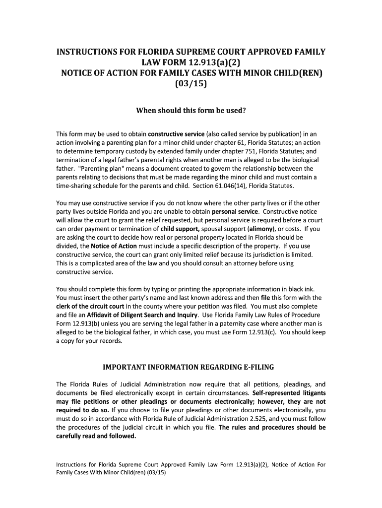  913a2 NOTICE of ACTION for FAMILY CASES with MINOR CHILDREN 0315 When Should This Form Be Used Flcourts 2018-2024