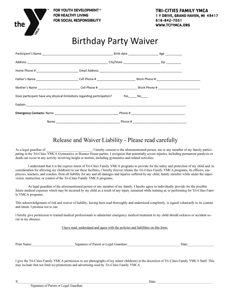 Birthday Party Waiver Tri Cities Family YMCA Tri Cities Family YMCA Tcfymca  Form