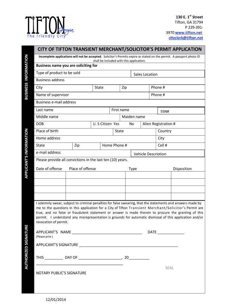  Transient Merchant Application  City of Tifton  Tifton 2014-2024