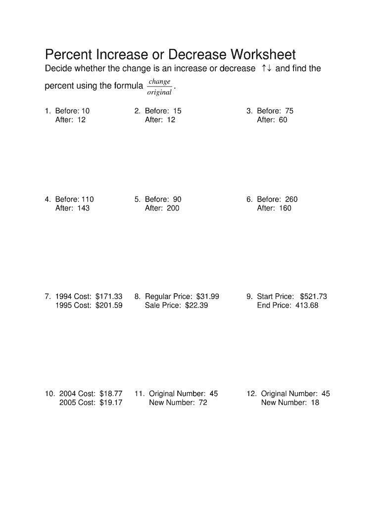 Percent Increase or Decrease Worksheet  Form