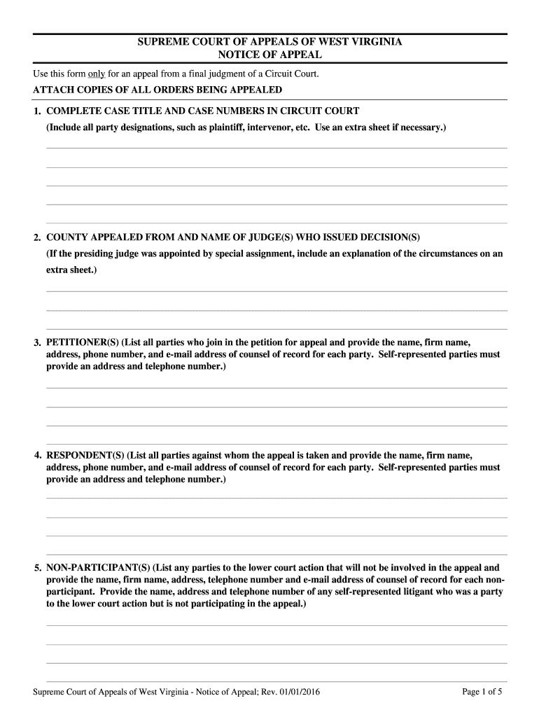  West Virginia Appeal Form 2016