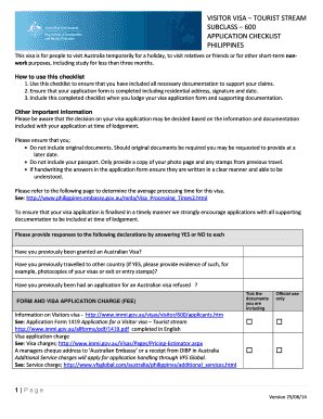 Visitor Visa Tourist Stream Subclass 600 Application Checklist  Form