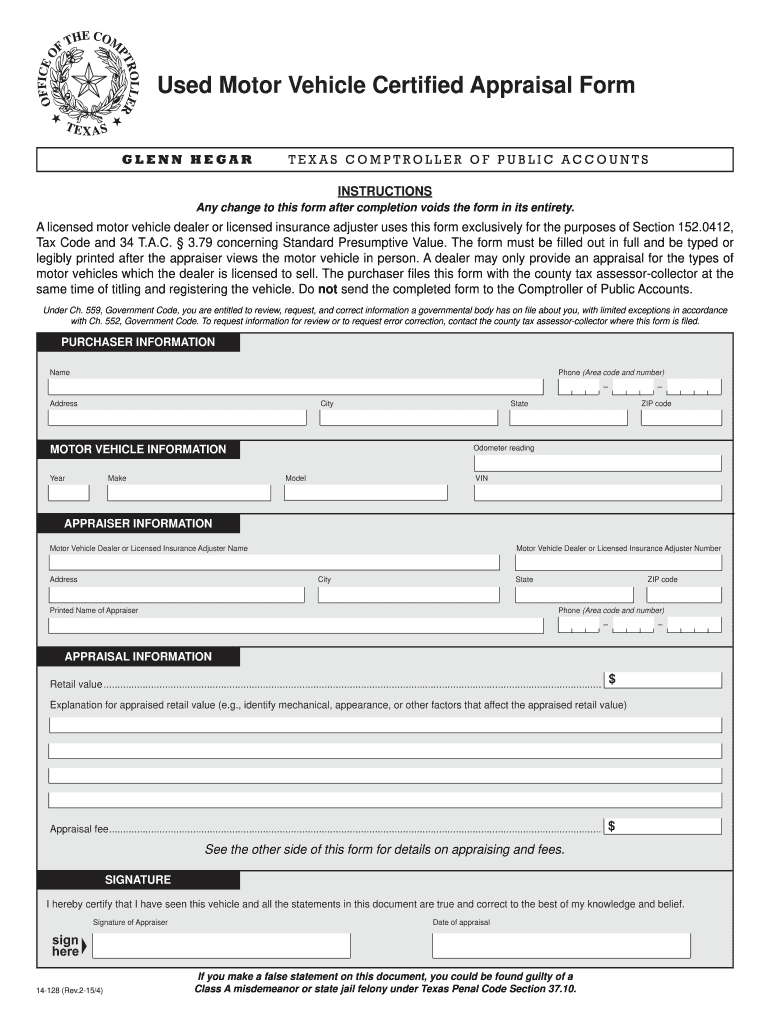  14 128 Used Motor Vehicle Certified Appraisal Form  Texas 2004