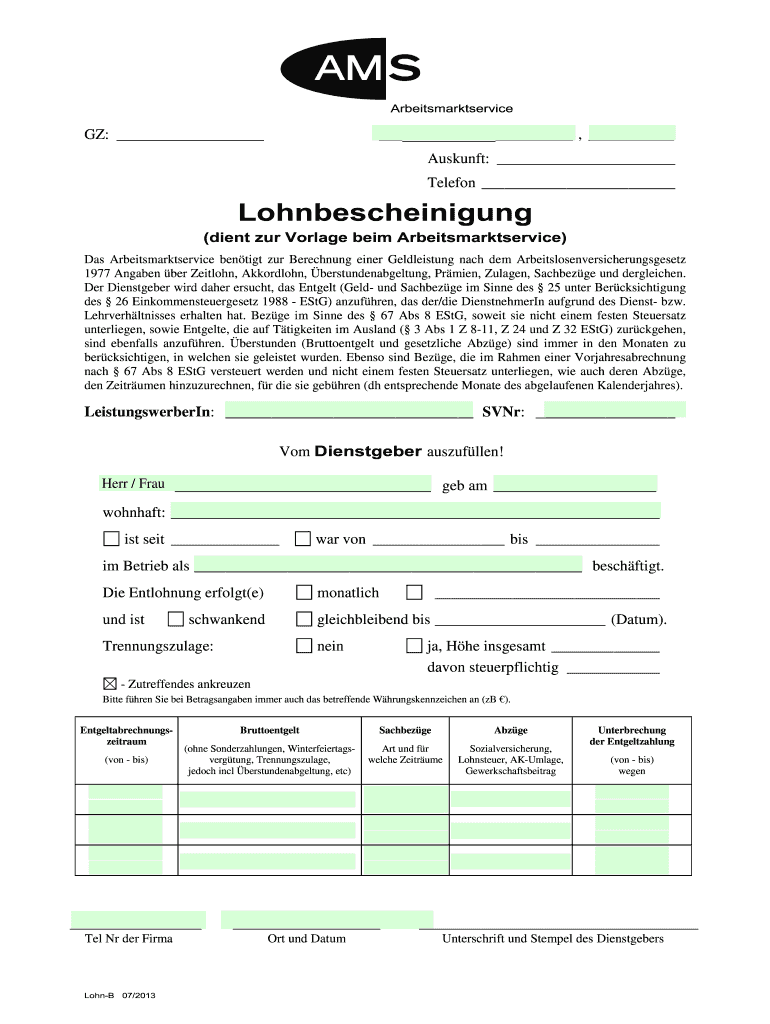 Lohnbescheinigung Ams  Form