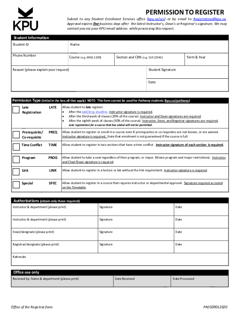 PERMISSION to REGISTER Kwantlen Polytechnic  Form