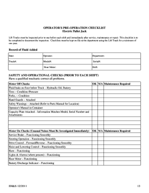 Pallet Jack Maintenance Checklist  Form
