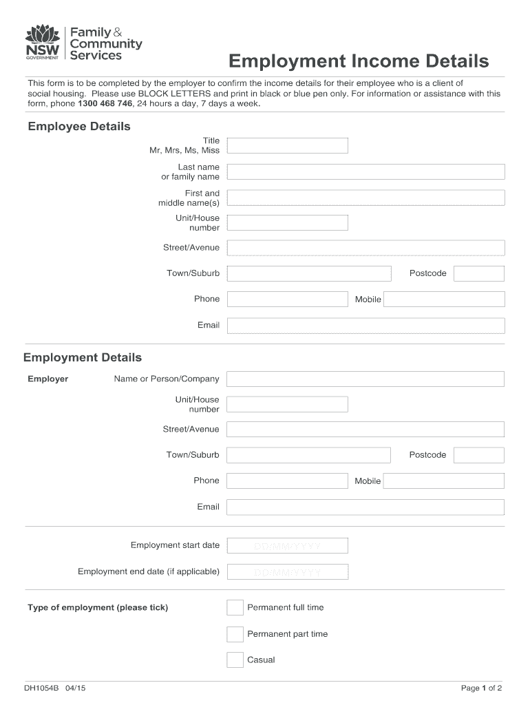 DH1054B Employment Income Details to Be Completed by the Employer to Confirm Income Details for Their Employee Who is a Client  Form