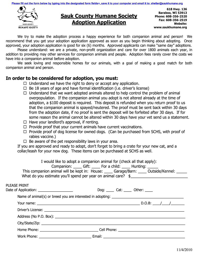 Sauk County Humane Society Adoption  Form