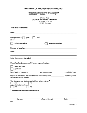 Immatrikulationsbescheinigung  Form