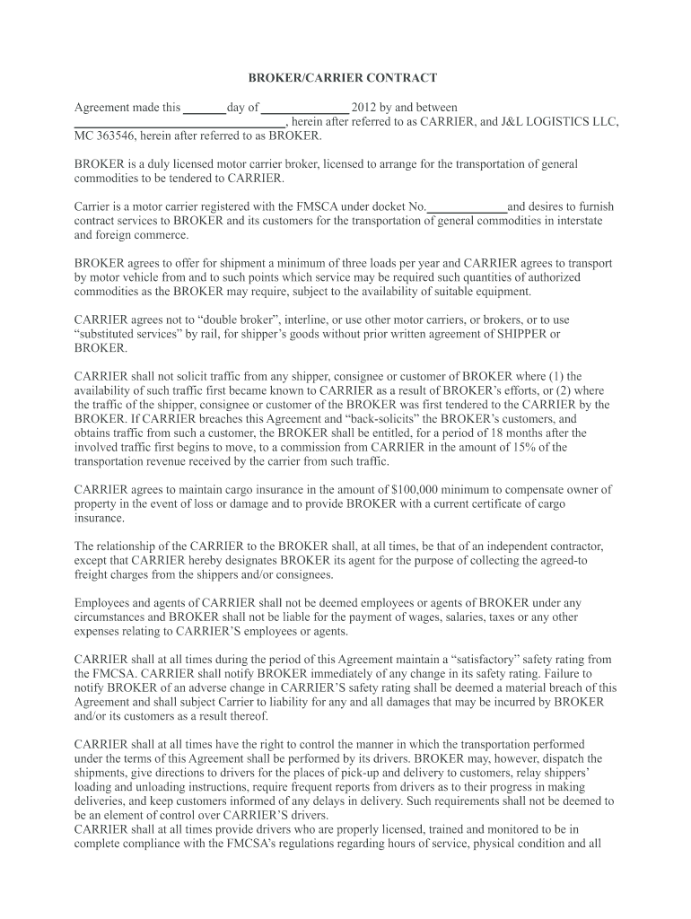 Agreement between Carrier and Shipper  Form