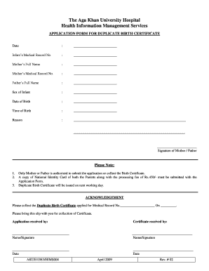 Aga Khan Birth Certificate  Form