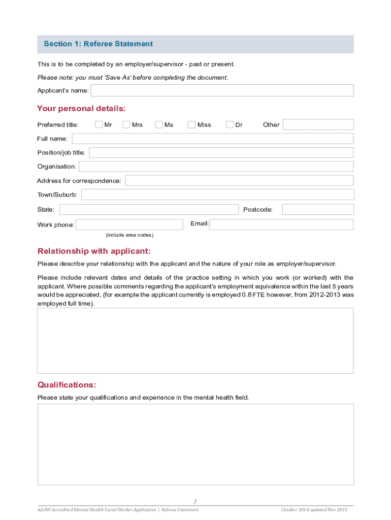 Referee Statement Australian Association of Social Workers  Form