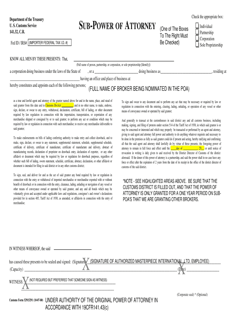  Customs Sub Power Attorney 1980-2024