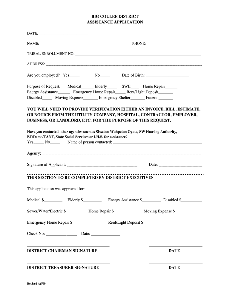  BIG COULEE DISTRICT ASSISTANCE APPLICATION Swo Nsn 2009-2024