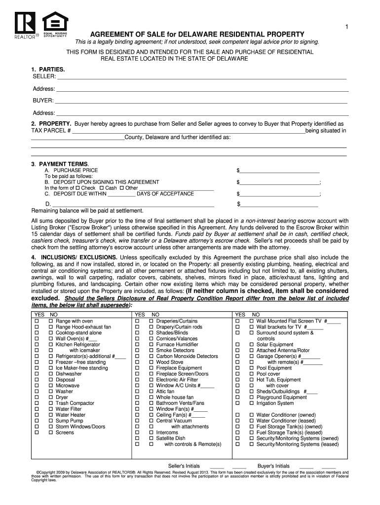 Agreement of Sale for Delaware Residential Property  Form