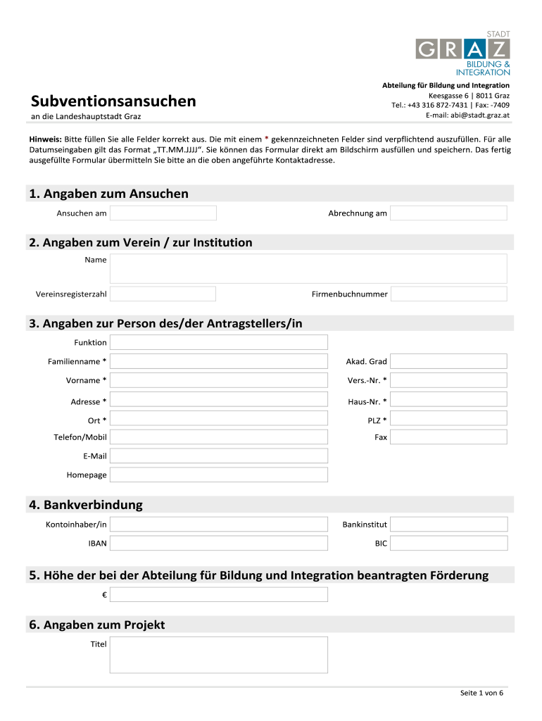 Subventionsansuchen Bildung Und Integration in Graz! Graz  Form