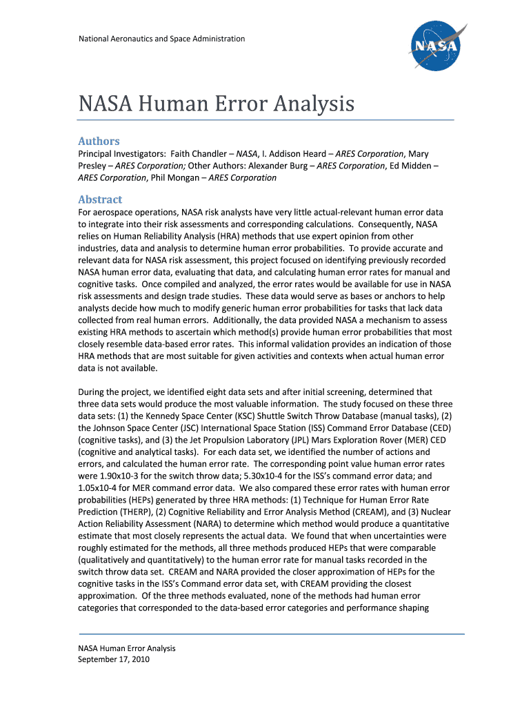 NASA Human Error Analysis Data September Authorized for Release DOCX  Hq Nasa  Form