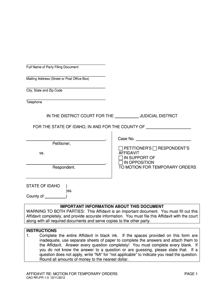 CAO RFLPPi 1 3 Affidavit Re Motion for Temporary Orders Isc Idaho  Form