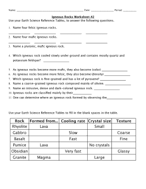 Igneous Rocks Worksheet 2 Answer Key  Form