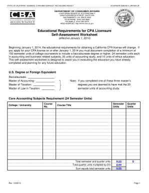 California Cpa Education Requirements Worksheet 2012