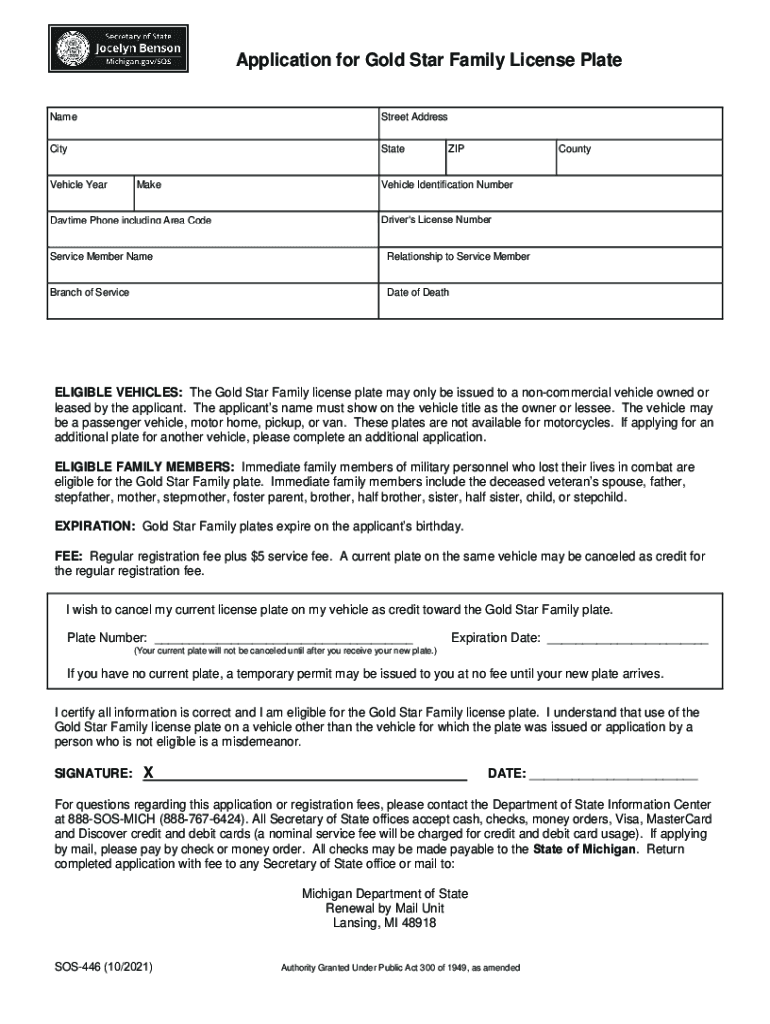 Dmv De GovformsvehservformsAPPLICATION for GOLD STAR FAMILY LICENSE PLATE