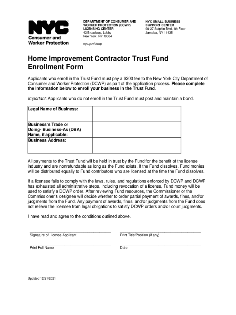 Home Improvement Contractor Trust Fund Enrollment Form