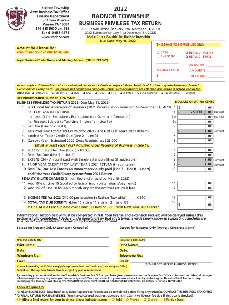 Radnor Business Privilege Tax Fill and Sign PrintableBusiness Privilege TaxRadnor, PAFinancial ManagementWayne, PABusiness Tax O  Form