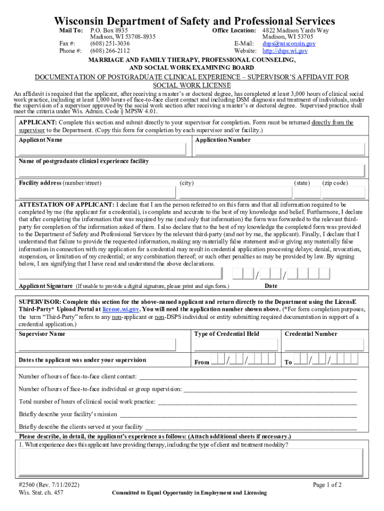 #2560, Documentation of Postgraduate Clinical Experience Supervisors Affidavit for Social Work License #2560, Documentation of P  Form