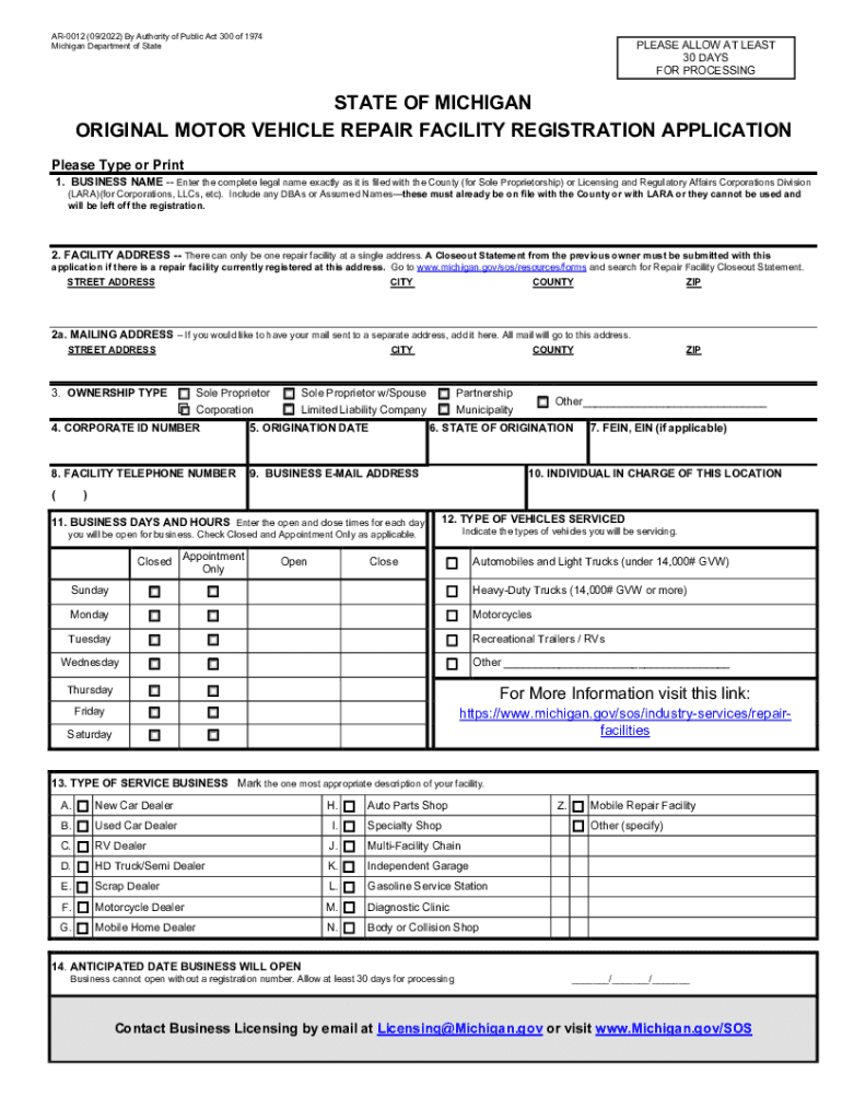  Repair Facility Original Application Repair Facility 2022-2024