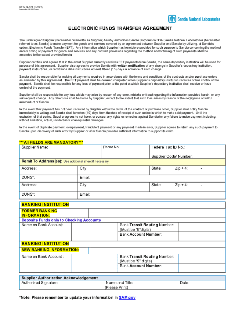 SF 9424 EFT 9 Supersedes3 Issue ELECTRONIC FUNDS TRANSFER  Form