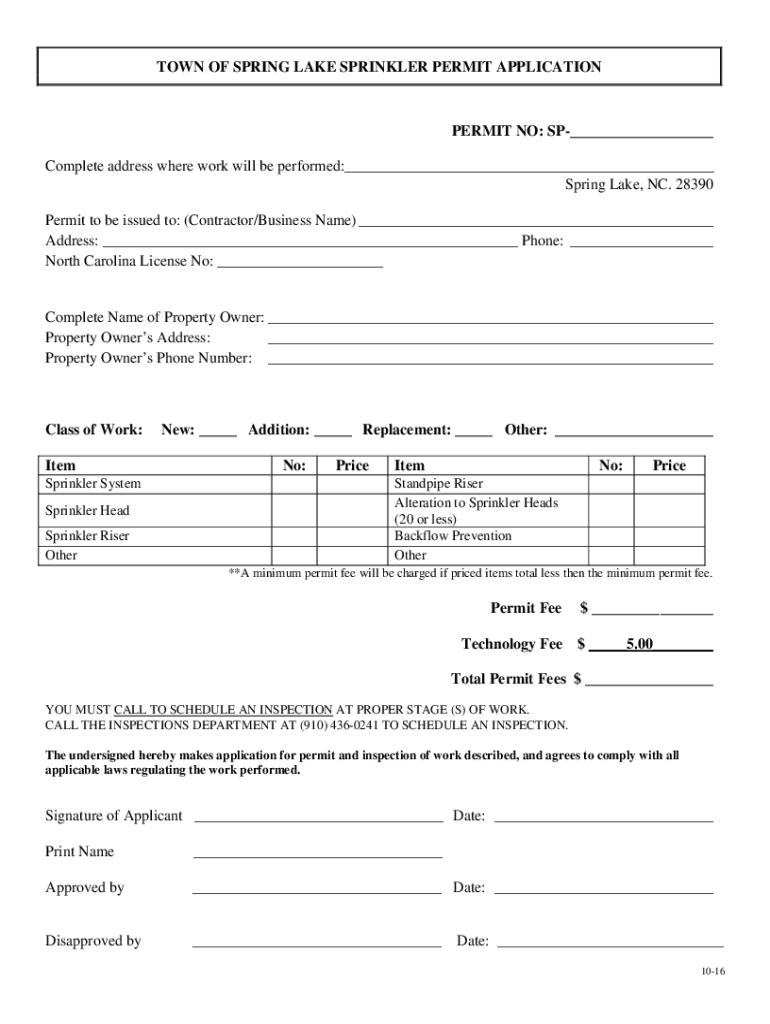 TOWN of SPRING LAKE SPRINKLER PERMIT APPLICATION  Form