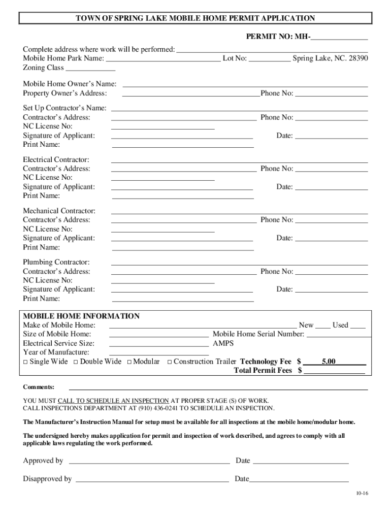 TOWN of SPRING LAKE MOBIL HOME PERMIT APPLICATION  Form
